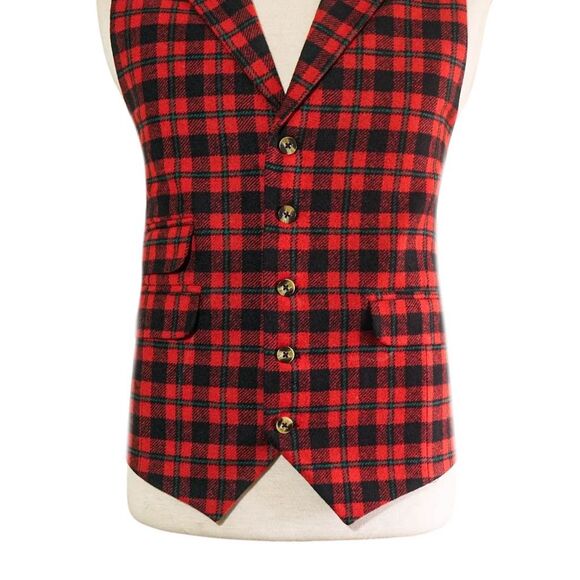 Mens 46R Plaid Vest Red Black Teal Wool Waistcoat Formal Wedding Preppy Casual - Picture 4 of 8